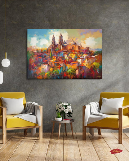 San Miguel de Allende Canvas Wall Art, Colorful Mexico Parroquia Framed Canvas Print, Mexican Colonial Cityscape Painting, Living Room Decor