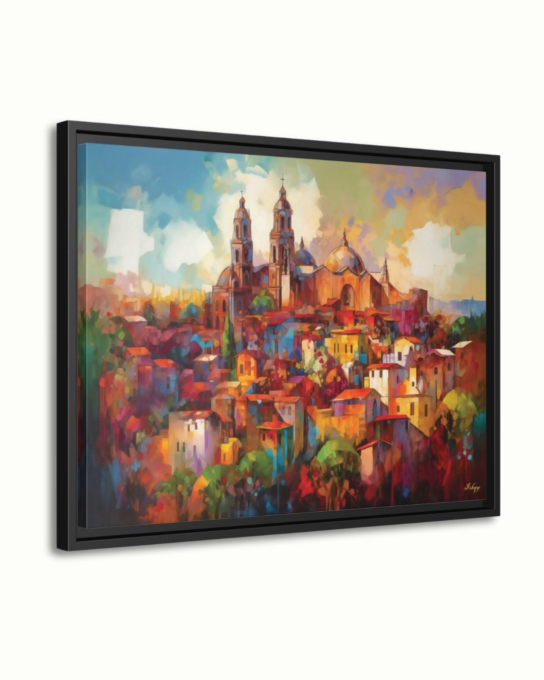 San Miguel de Allende Mexico Wall Art Print, Canvas, Framed Canvas, Colorful Colonial Cityscape Painting, Mexico Home Decor for Living Room