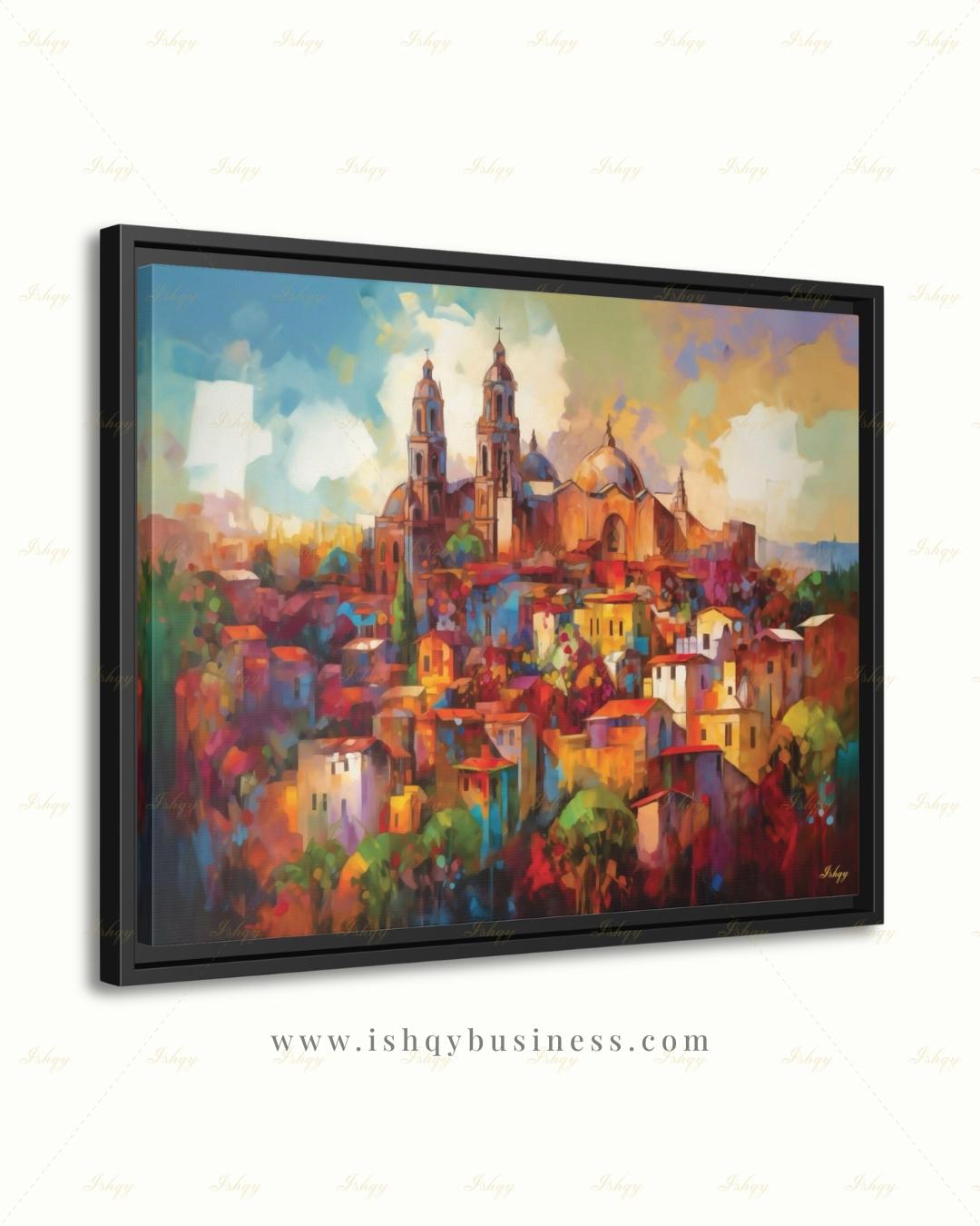 San Miguel de Allende Canvas Wall Art, Colorful Mexico Parroquia Framed Canvas Print, Mexican Colonial Cityscape Painting, Living Room Decor