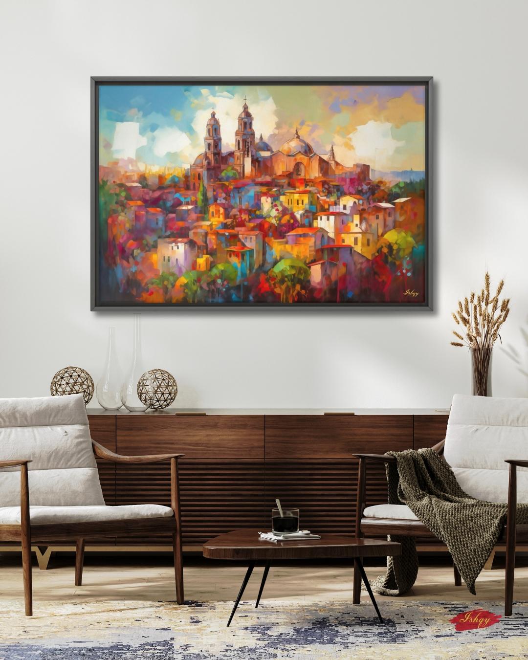 San Miguel de Allende Mexico Wall Art Print, Canvas, Framed Canvas, Colorful Colonial Cityscape Painting, Mexico Home Decor for Living Room