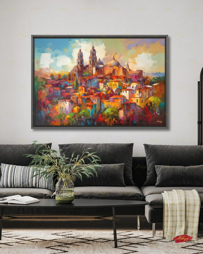 San Miguel de Allende Canvas Wall Art, Colorful Mexico Parroquia Framed Canvas Print, Mexican Colonial Cityscape Painting, Living Room Decor