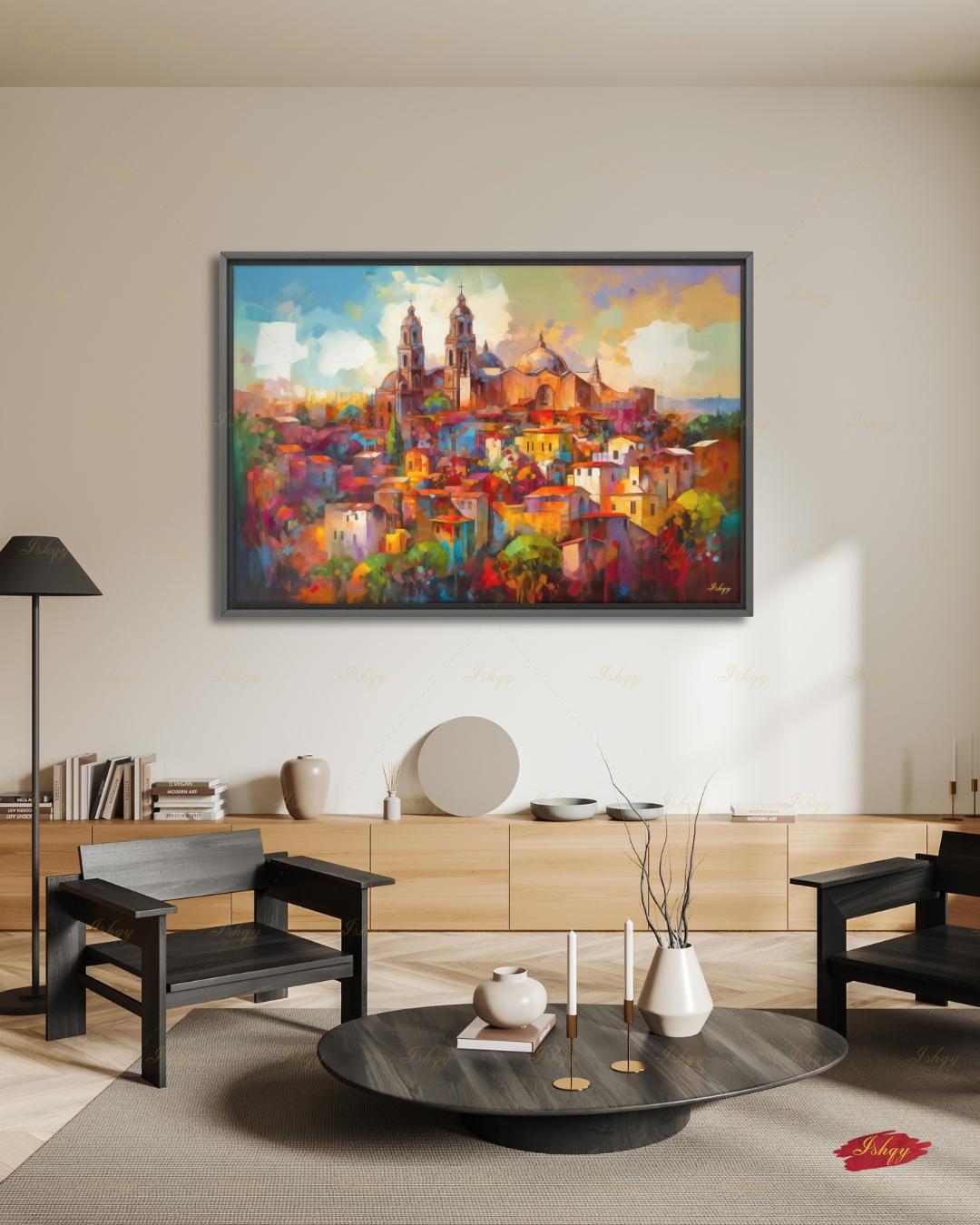 San Miguel de Allende Canvas Wall Art, Colorful Mexico Parroquia Framed Canvas Print, Mexican Colonial Cityscape Painting, Living Room Decor