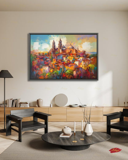 San Miguel de Allende Canvas Wall Art, Colorful Mexico Parroquia Framed Canvas Print, Mexican Colonial Cityscape Painting, Living Room Decor