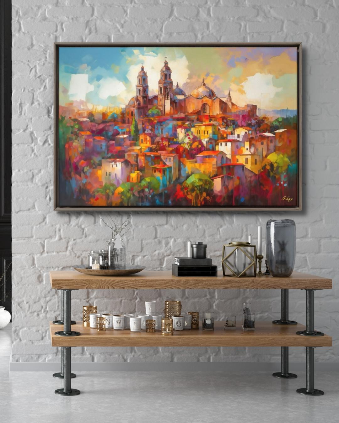San Miguel de Allende Mexico Wall Art Print, Canvas, Framed Canvas, Colorful Colonial Cityscape Painting, Mexico Home Decor for Living Room