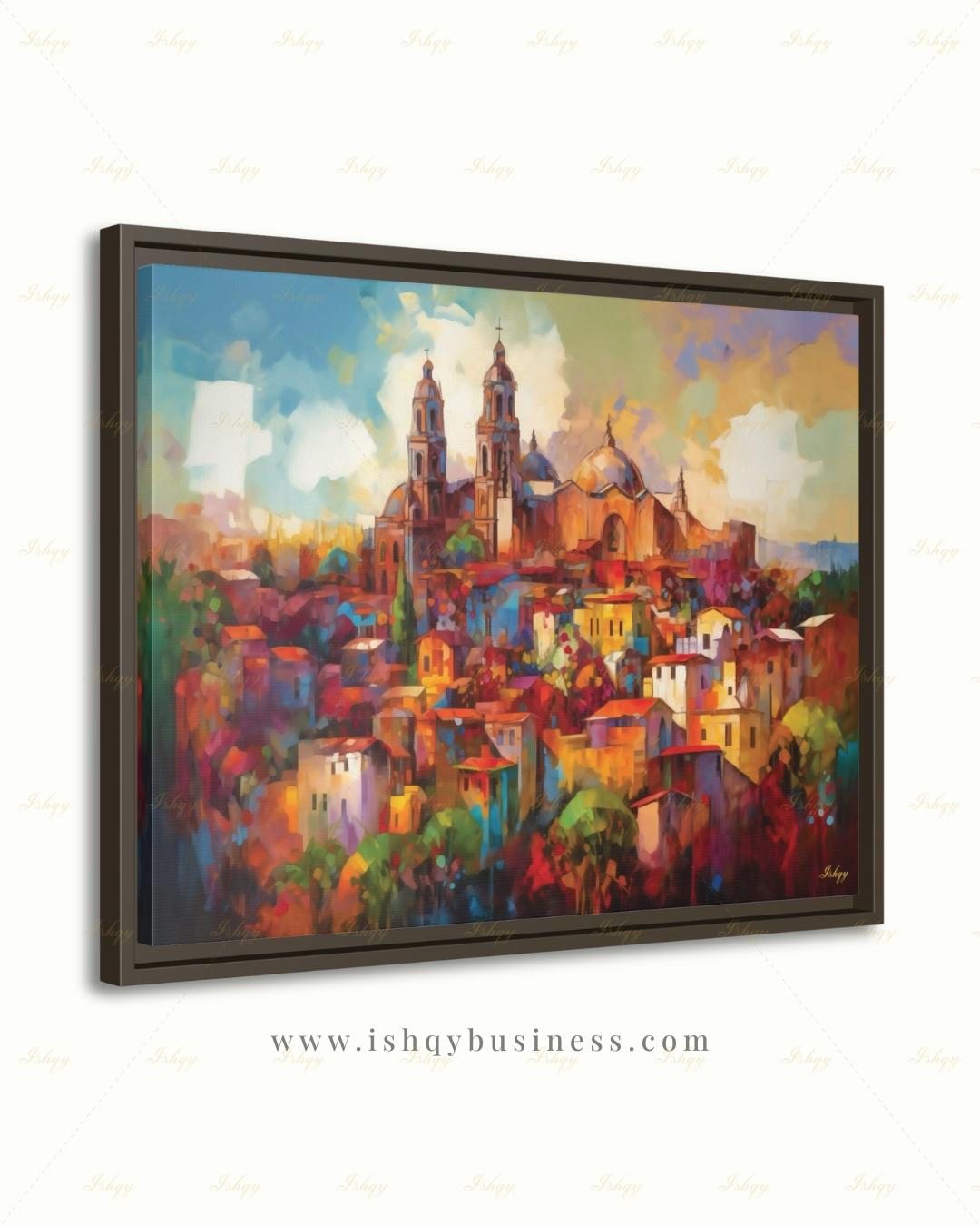 San Miguel de Allende Canvas Wall Art, Colorful Mexico Parroquia Framed Canvas Print, Mexican Colonial Cityscape Painting, Living Room Decor
