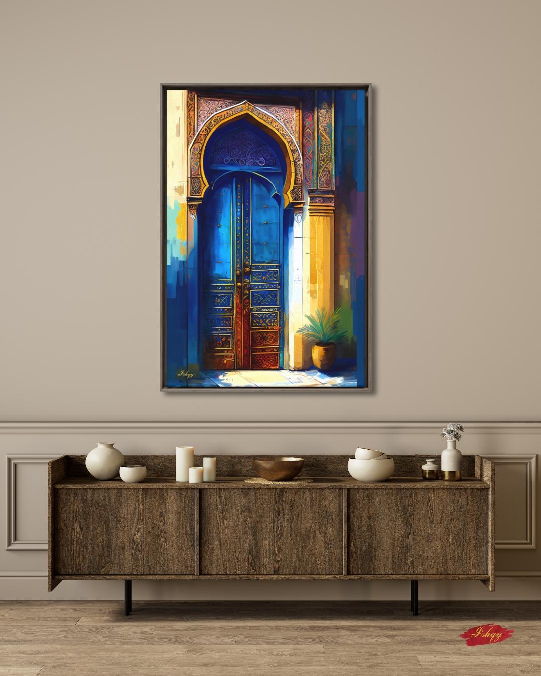Moroccan Door Wall Art, Blue Archway Print, Vibrant Marrakech Canvas, Middle Eastern Architectural Artwork for Boho Home Entryway Living Room Decor
