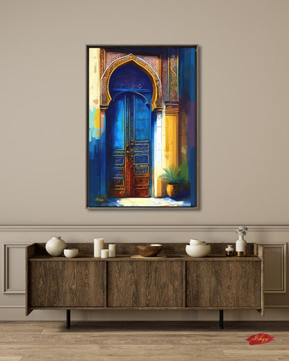 Moroccan Door Wall Art, Blue Archway Print, Vibrant Marrakech Canvas, Middle Eastern Architectural Artwork for Boho Home Entryway Living Room Decor