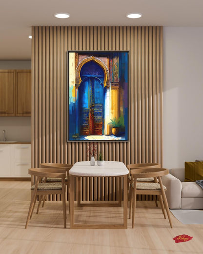 Moroccan Door Wall Art, Blue Archway Print, Vibrant Marrakech Canvas, Middle Eastern Architectural Artwork for Boho Home Entryway Living Room Decor