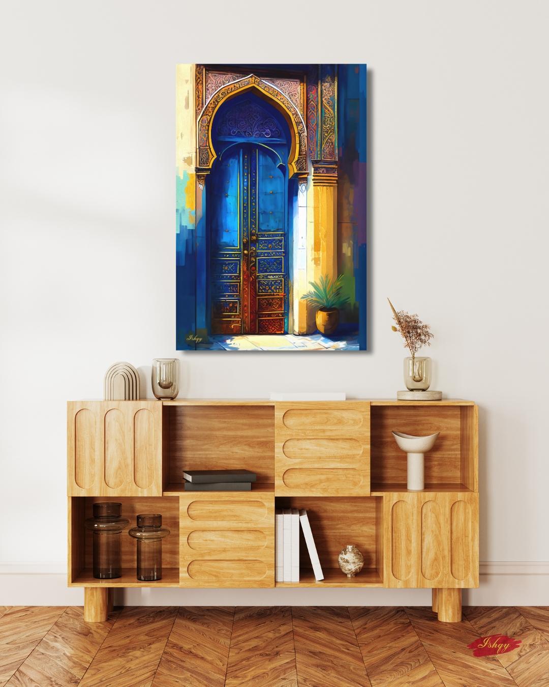 Moroccan Door Wall Art, Blue Archway Print, Vibrant Marrakech Canvas, Middle Eastern Architectural Artwork for Boho Home Entryway Living Room Decor
