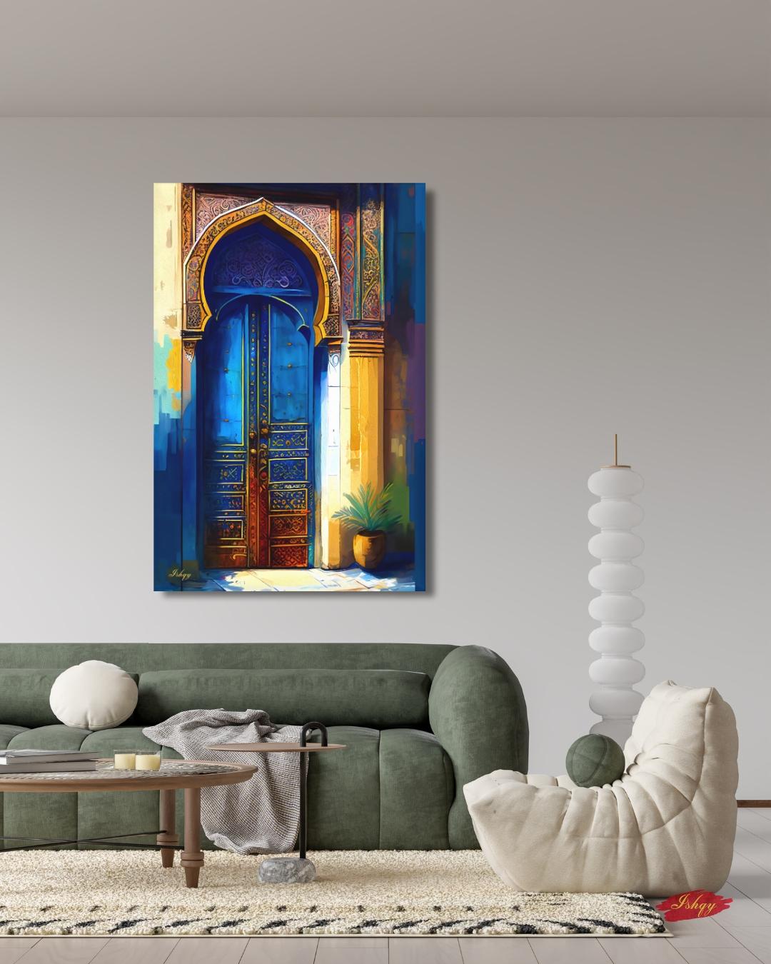 Moroccan Door Wall Art, Blue Archway Print, Vibrant Marrakech Canvas, Middle Eastern Architectural Artwork for Boho Home Entryway Living Room Decor