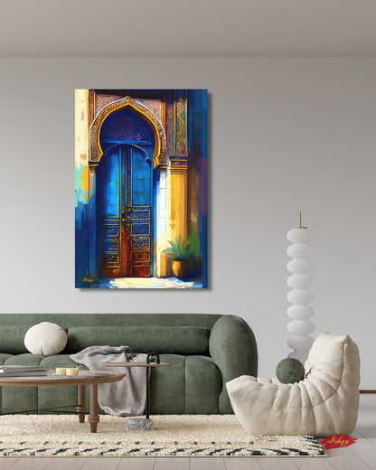 Moroccan Door Wall Art, Blue Archway Print, Vibrant Marrakech Canvas, Middle Eastern Architectural Artwork for Boho Home Entryway Living Room Decor