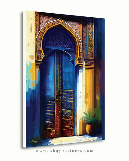 Moroccan Door Wall Art, Blue Archway Print, Vibrant Marrakech Canvas, Middle Eastern Architectural Artwork for Boho Home Entryway Living Room Decor