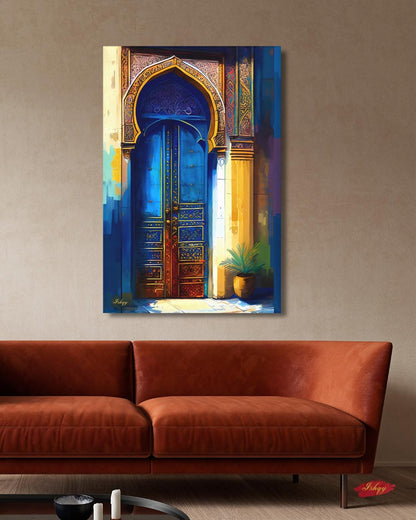 Moroccan Door Wall Art, Blue Archway Print, Vibrant Marrakech Canvas, Middle Eastern Architectural Artwork for Boho Home Entryway Living Room Decor