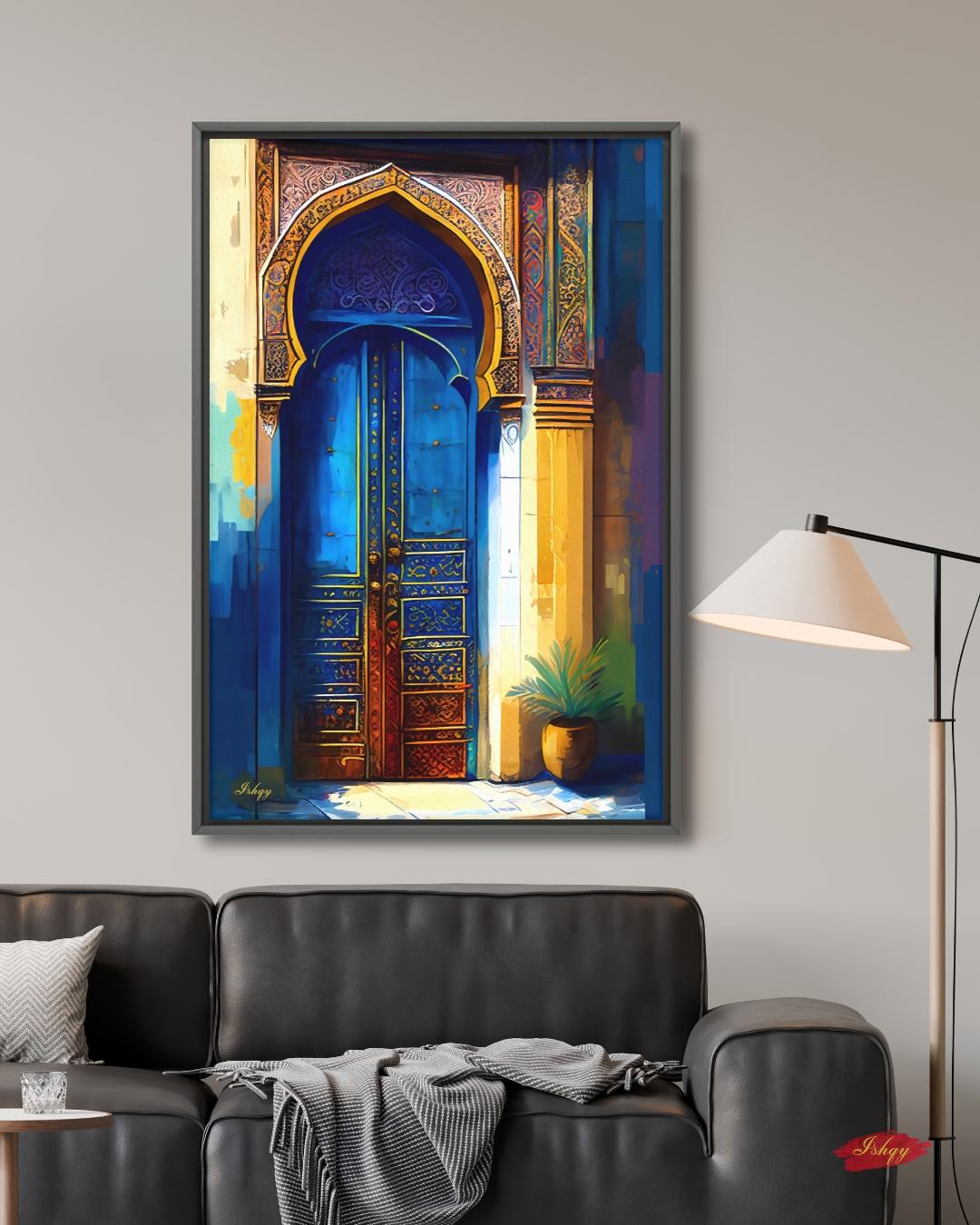 Moroccan Door Wall Art, Blue Archway Print, Vibrant Marrakech Canvas, Middle Eastern Architectural Artwork for Boho Home Entryway Living Room Decor