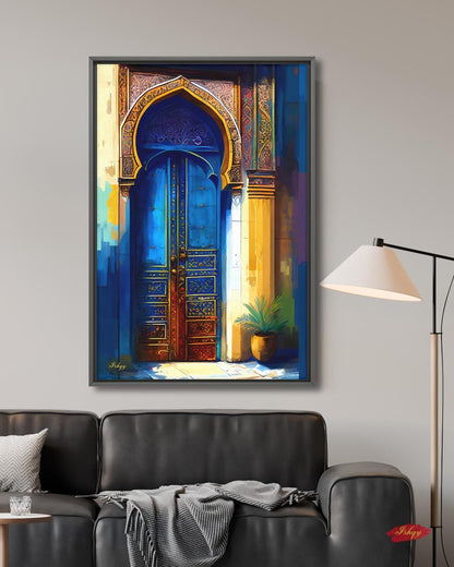 Moroccan Door Wall Art, Blue Archway Print, Vibrant Marrakech Canvas, Middle Eastern Architectural Artwork for Boho Home Entryway Living Room Decor