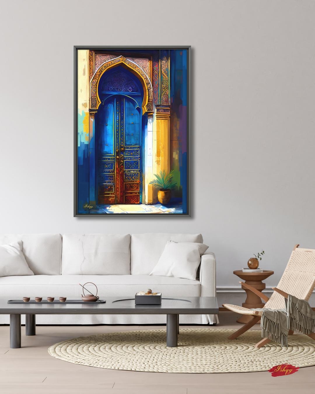 Moroccan Door Wall Art, Blue Archway Print, Vibrant Marrakech Canvas, Middle Eastern Architectural Artwork for Boho Home Entryway Living Room Decor