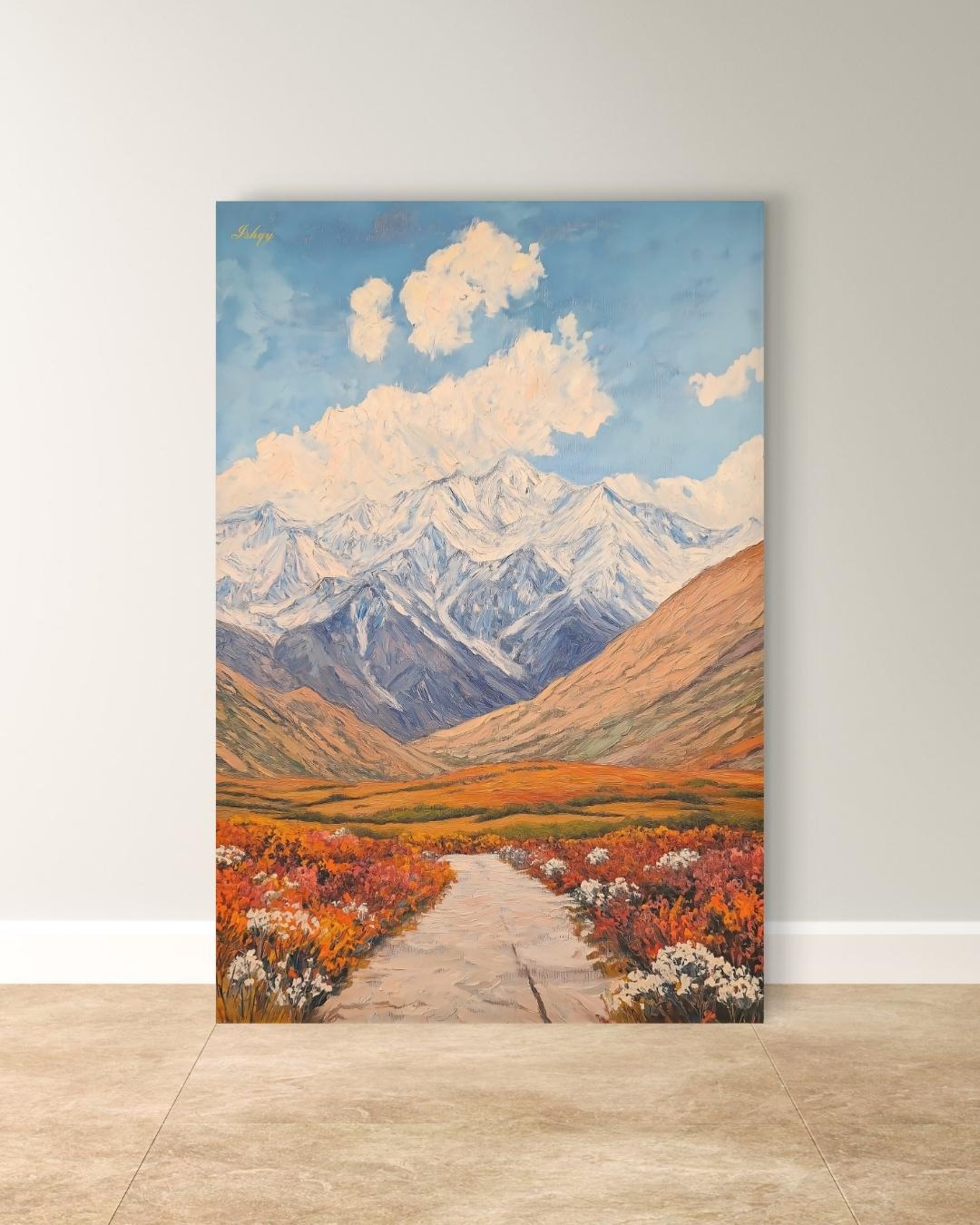 Tajikistan Mountain Landscape Painting, Pamir Range Canvas Wall Art, Colorful Nature Artwork of Central Asian Valley for Home or Office Decor