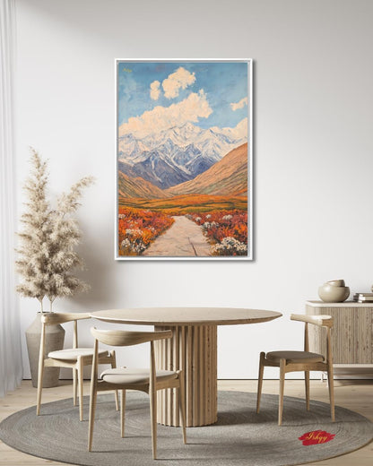 Tajikistan Mountain Landscape Painting, Pamir Range Canvas Wall Art, Colorful Nature Artwork of Central Asian Valley for Home or Office Decor