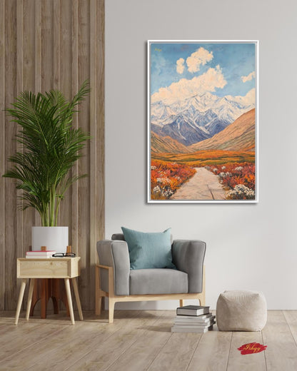 Tajikistan Mountain Landscape Painting, Pamir Range Canvas Wall Art, Colorful Nature Artwork of Central Asian Valley for Home or Office Decor