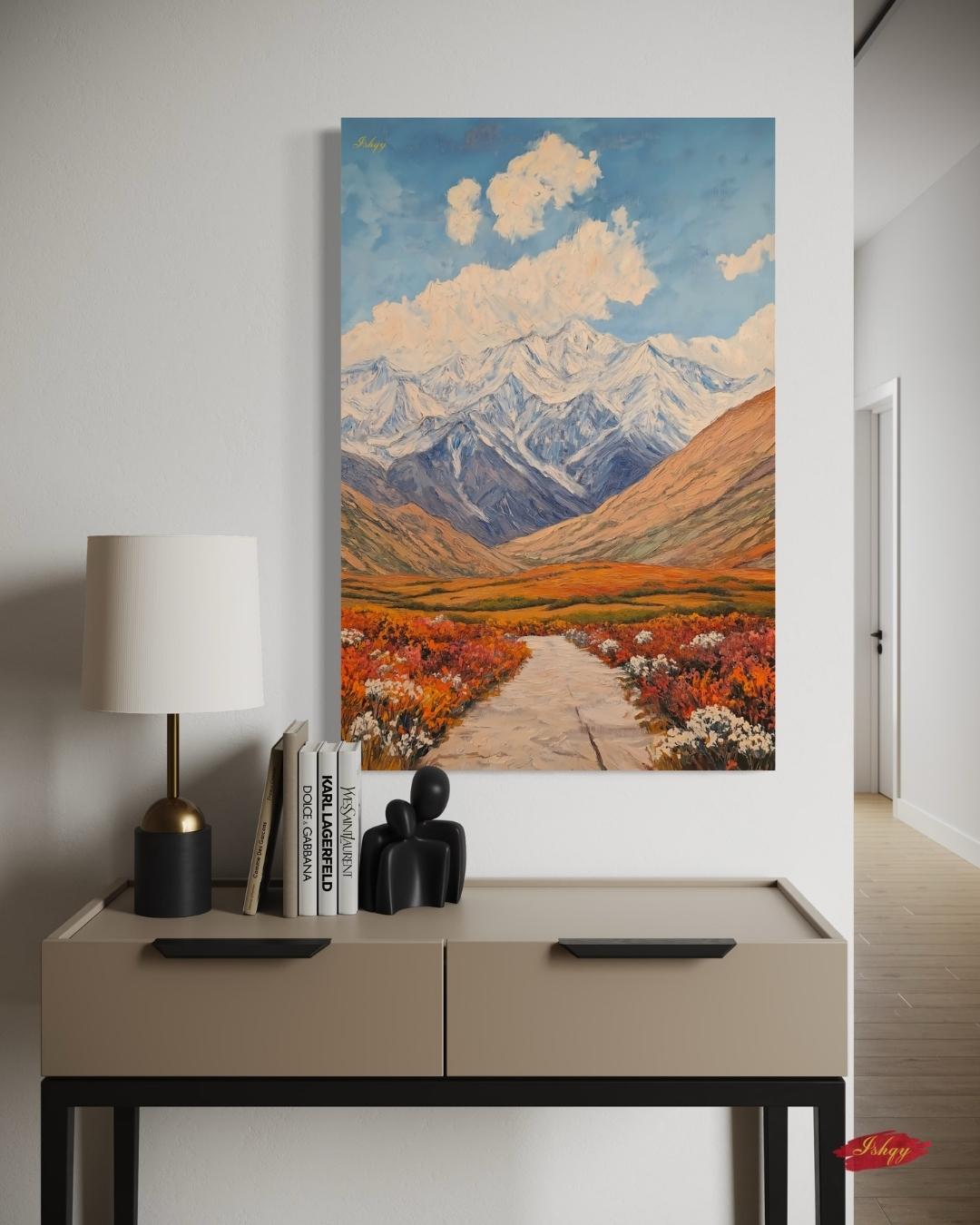Tajikistan Mountain Landscape Painting, Pamir Range Canvas Wall Art, Colorful Nature Artwork of Central Asian Valley for Home or Office Decor