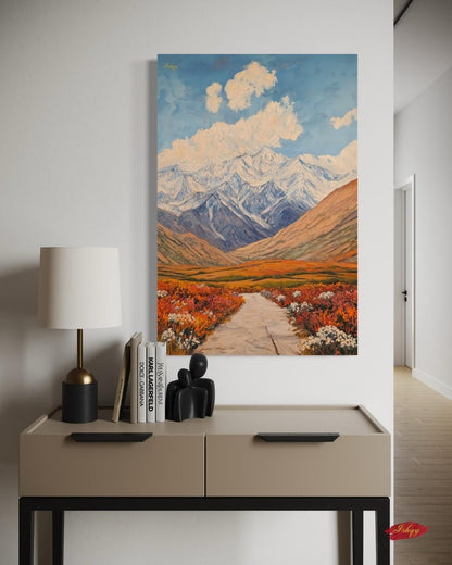 Tajikistan Mountain Landscape Painting, Pamir Range Canvas Wall Art, Colorful Nature Artwork of Central Asian Valley for Home or Office Decor