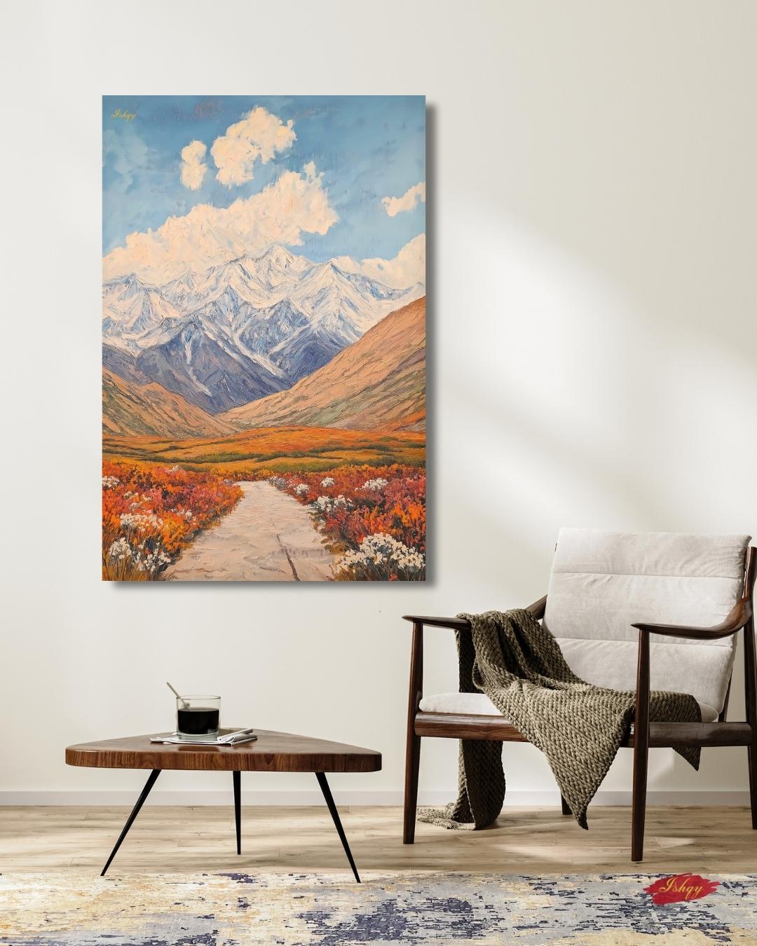 Tajikistan Mountain Landscape Painting, Pamir Range Canvas Wall Art, Colorful Nature Artwork of Central Asian Valley for Home or Office Decor