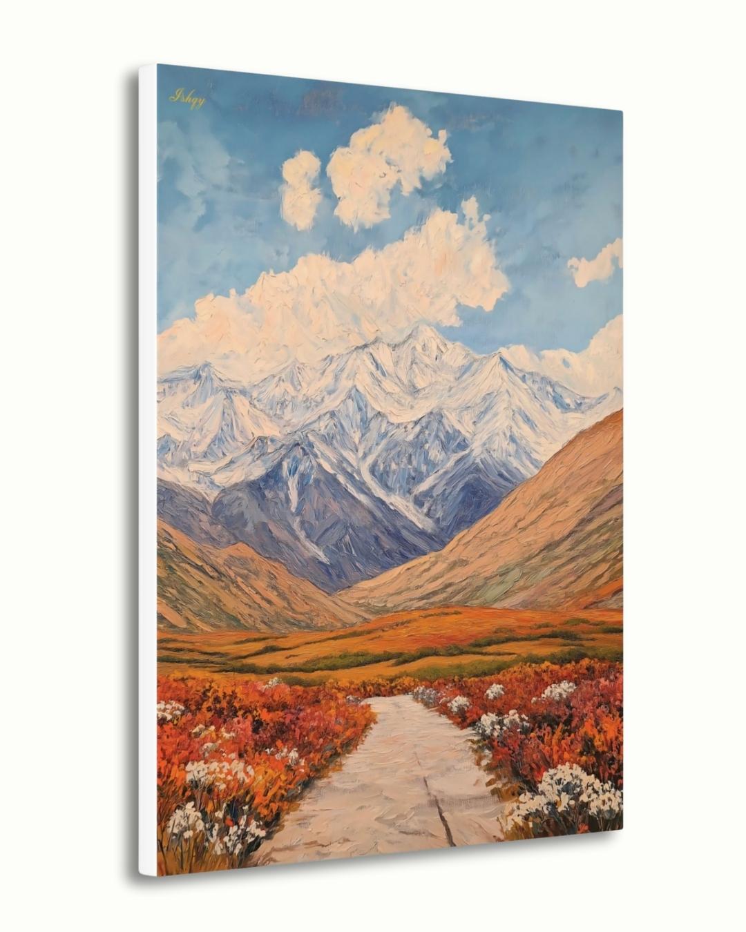 Tajikistan Mountain Landscape Painting, Pamir Range Canvas Wall Art, Colorful Nature Artwork of Central Asian Valley for Home or Office Decor