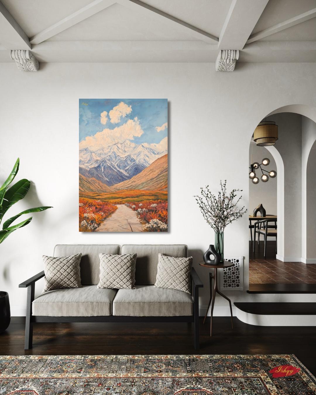 Tajikistan Mountain Landscape Painting, Pamir Range Canvas Wall Art, Colorful Nature Artwork of Central Asian Valley for Home or Office Decor