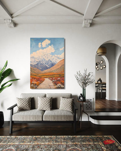 Tajikistan Mountain Landscape Painting, Pamir Range Canvas Wall Art, Colorful Nature Artwork of Central Asian Valley for Home or Office Decor