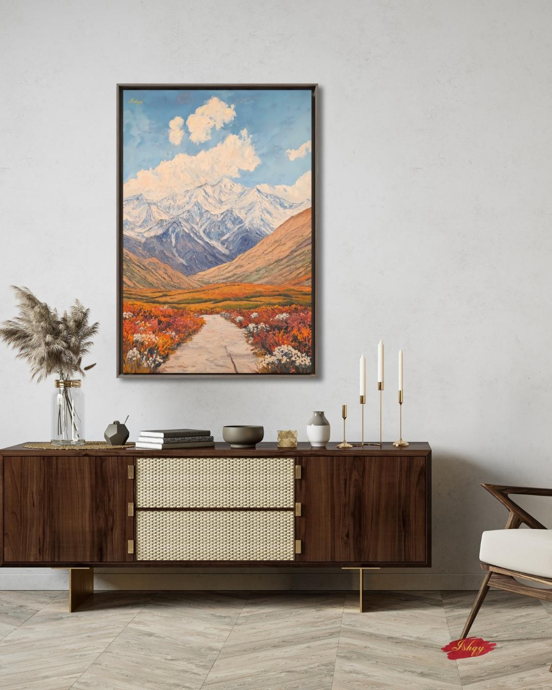 Tajikistan Mountain Landscape Painting, Pamir Range Canvas Wall Art, Colorful Nature Artwork of Central Asian Valley for Home or Office Decor