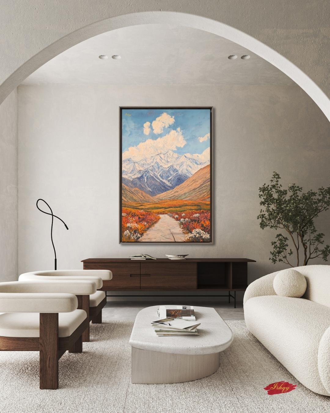Tajikistan Mountain Landscape Painting, Pamir Range Canvas Wall Art, Colorful Nature Artwork of Central Asian Valley for Home or Office Decor