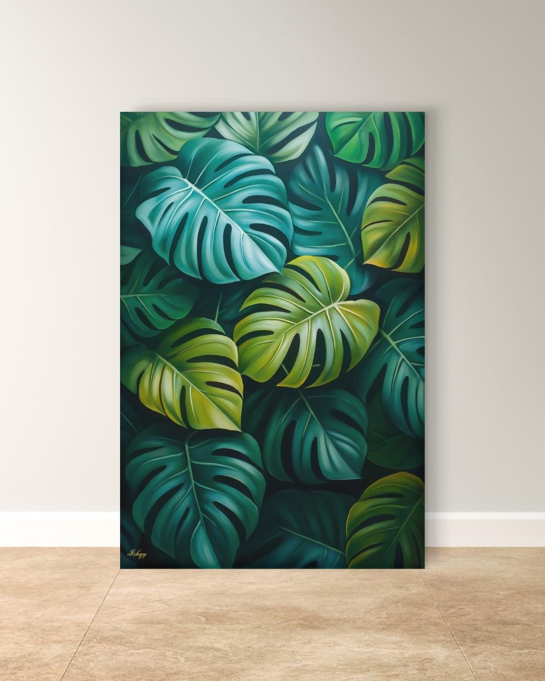 Monstera Leaves Wall Art Print, Canvas, Framed Canvas, Tropical Botanical Greenery, Jungle Leaf Painting for Living Room Bedroom Home Decor. monstera wall art, tropical leaves art, botanical wall art, jungle leaf painting, monstera leaf print, canvas wall art, framed canvas, art print, tropical home decor, living room decor, bedroom wall art, plant wall art, green botanical art