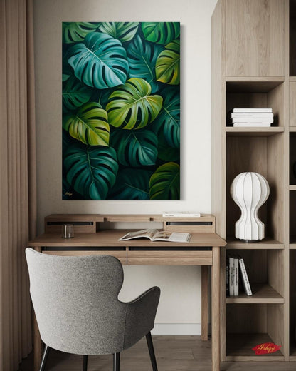 Monstera Leaves Wall Art Print, Canvas, Framed Canvas, Tropical Botanical Greenery, Jungle Leaf Painting for Living Room Bedroom Home Decor. monstera wall art, tropical leaves art, botanical wall art, jungle leaf painting, monstera leaf print, canvas wall art, framed canvas, art print, tropical home decor, living room decor, bedroom wall art, plant wall art, green botanical art