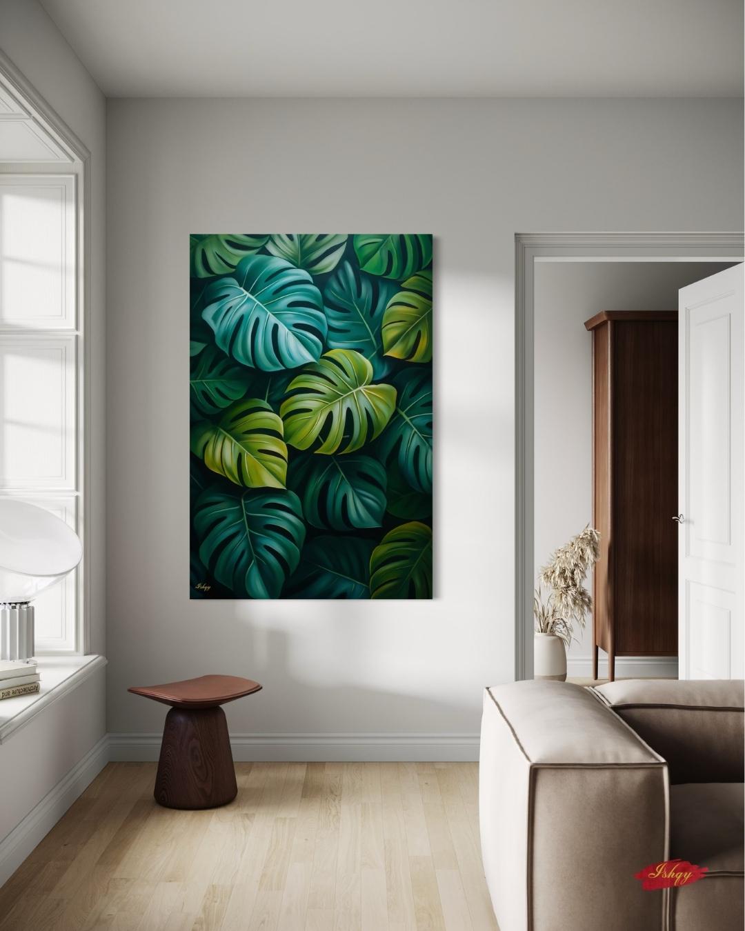 Monstera Leaves Wall Art Print, Canvas, Framed Canvas, Tropical Botanical Greenery, Jungle Leaf Painting for Living Room Bedroom Home Decor. monstera wall art, tropical leaves art, botanical wall art, jungle leaf painting, monstera leaf print, canvas wall art, framed canvas, art print, tropical home decor, living room decor, bedroom wall art, plant wall art, green botanical art