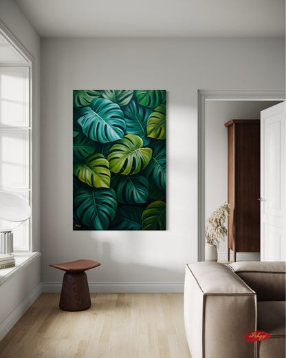 Monstera Leaves Wall Art Print, Canvas, Framed Canvas, Tropical Botanical Greenery, Jungle Leaf Painting for Living Room Bedroom Home Decor. monstera wall art, tropical leaves art, botanical wall art, jungle leaf painting, monstera leaf print, canvas wall art, framed canvas, art print, tropical home decor, living room decor, bedroom wall art, plant wall art, green botanical art