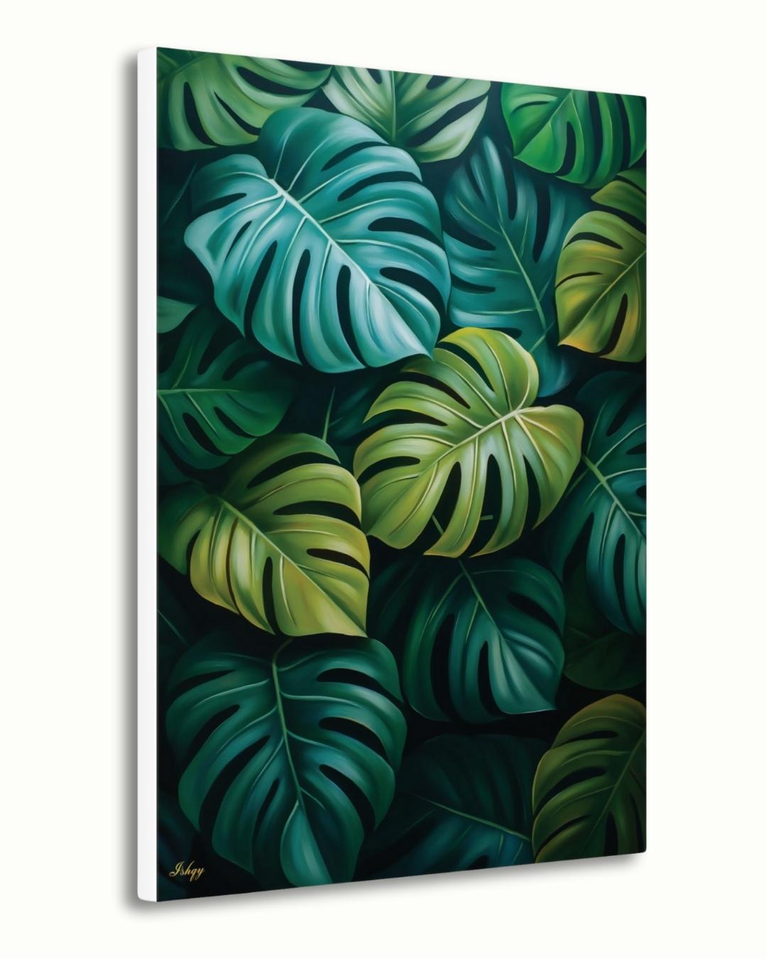 Monstera Leaves Wall Art Print, Canvas, Framed Canvas, Tropical Botanical Greenery, Jungle Leaf Painting for Living Room Bedroom Home Decor. monstera wall art, tropical leaves art, botanical wall art, jungle leaf painting, monstera leaf print, canvas wall art, framed canvas, art print, tropical home decor, living room decor, bedroom wall art, plant wall art, green botanical art