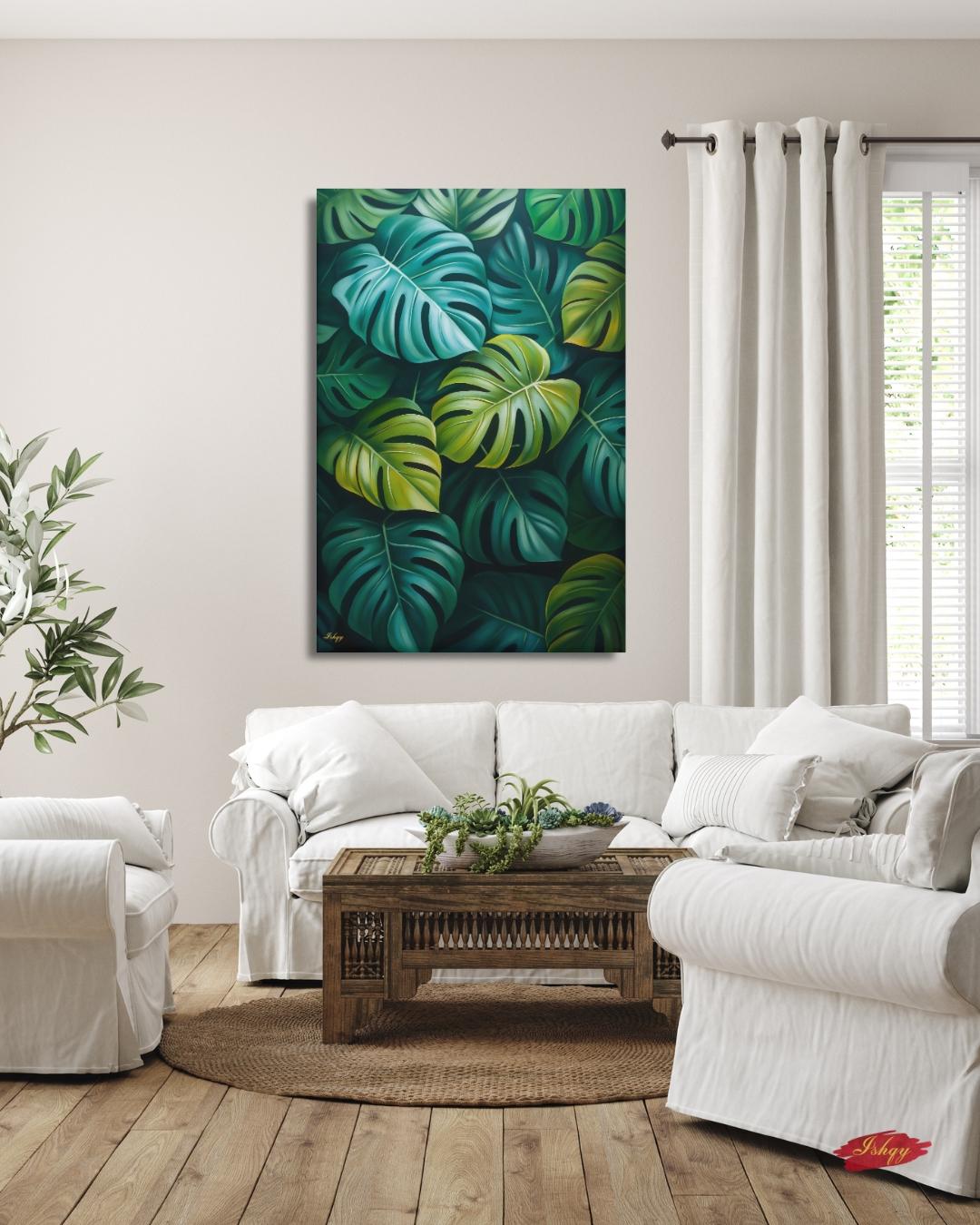 Monstera Leaves Wall Art Print, Canvas, Framed Canvas, Tropical Botanical Greenery, Jungle Leaf Painting for Living Room Bedroom Home Decor. monstera wall art, tropical leaves art, botanical wall art, jungle leaf painting, monstera leaf print, canvas wall art, framed canvas, art print, tropical home decor, living room decor, bedroom wall art, plant wall art, green botanical art