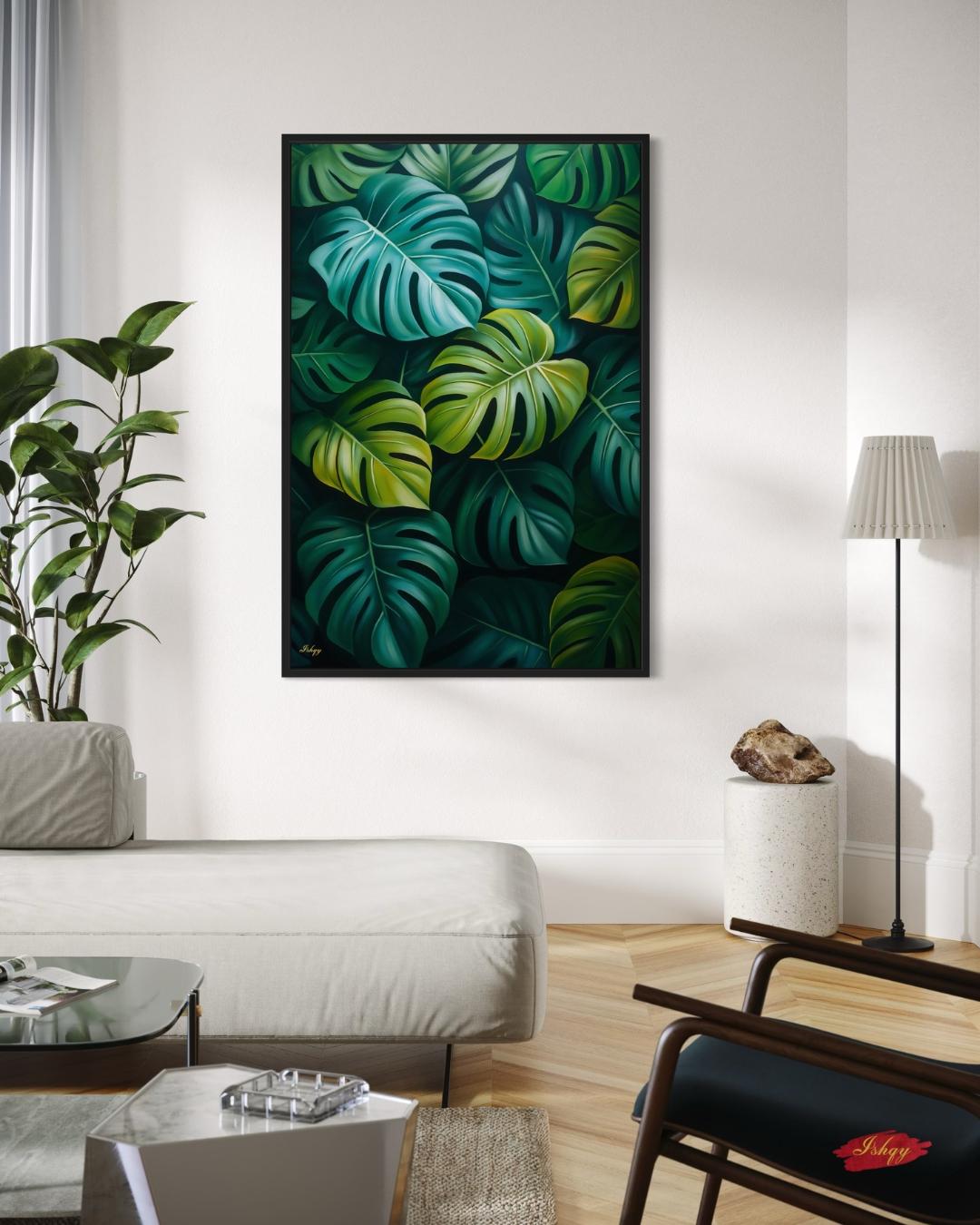 Monstera Leaves Wall Art Print, Canvas, Framed Canvas, Tropical Botanical Greenery, Jungle Leaf Painting for Living Room Bedroom Home Decor. monstera wall art, tropical leaves art, botanical wall art, jungle leaf painting, monstera leaf print, canvas wall art, framed canvas, art print, tropical home decor, living room decor, bedroom wall art, plant wall art, green botanical art