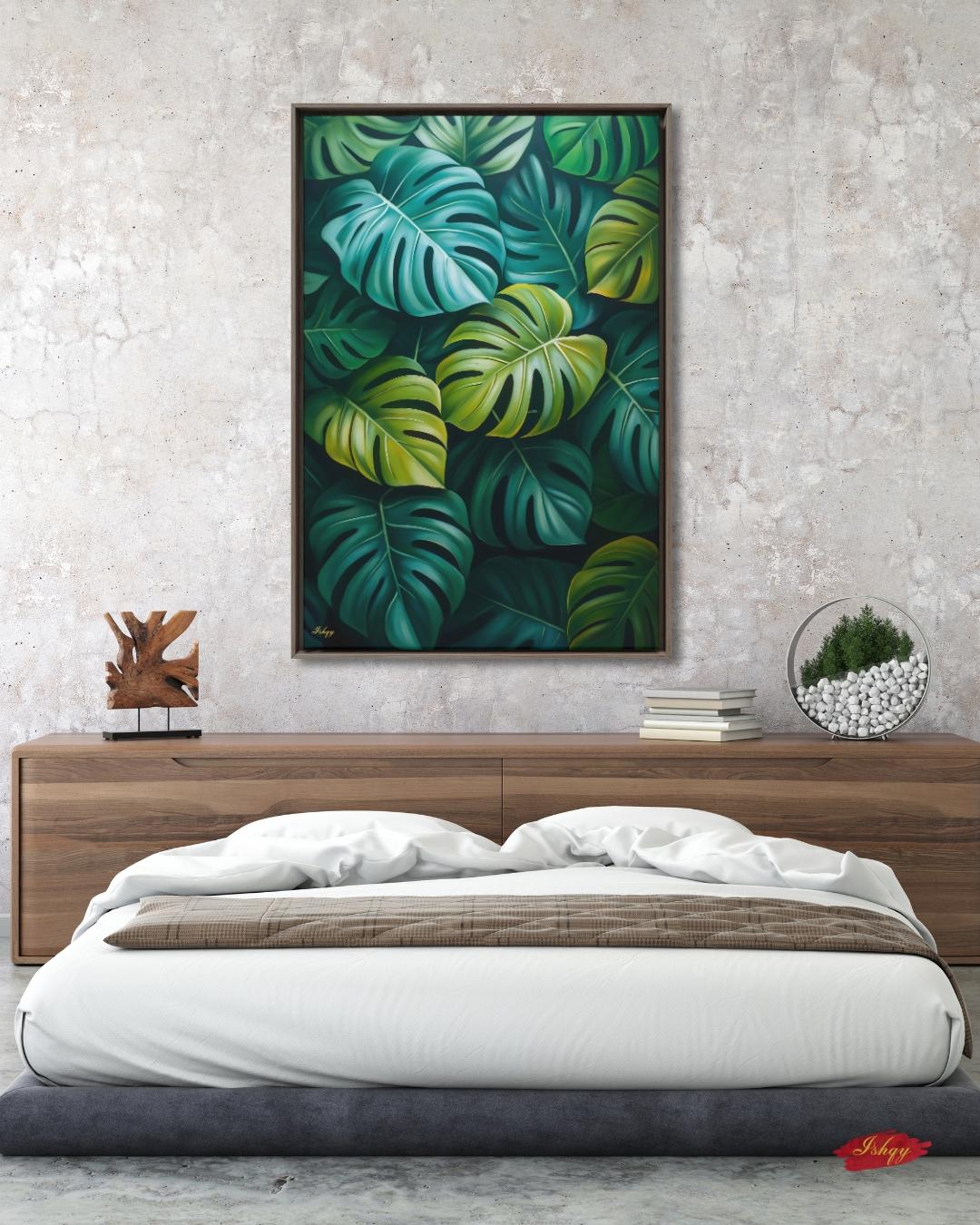 Monstera Leaves Wall Art Print, Canvas, Framed Canvas, Tropical Botanical Greenery, Jungle Leaf Painting for Living Room Bedroom Home Decor. monstera wall art, tropical leaves art, botanical wall art, jungle leaf painting, monstera leaf print, canvas wall art, framed canvas, art print, tropical home decor, living room decor, bedroom wall art, plant wall art, green botanical art