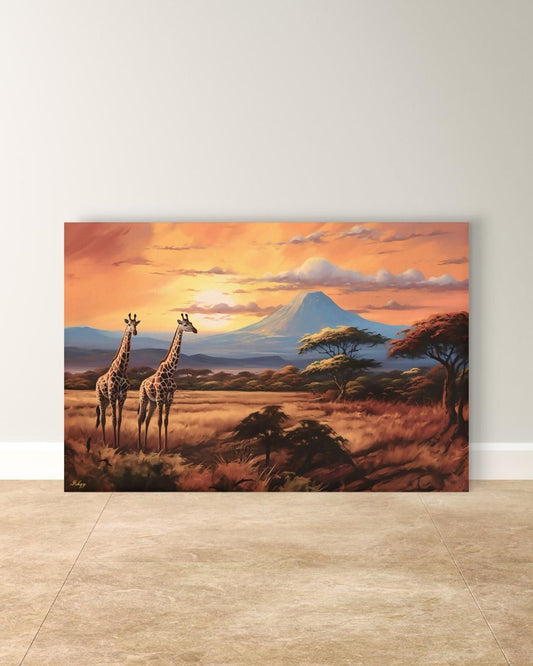 Serengeti Glow | African Safari Giraffe Wall Art | IshqyBusiness. Golden African savanna and giraffes at sunset — a canvas wall art piece that brings safari elegance to your home decor.