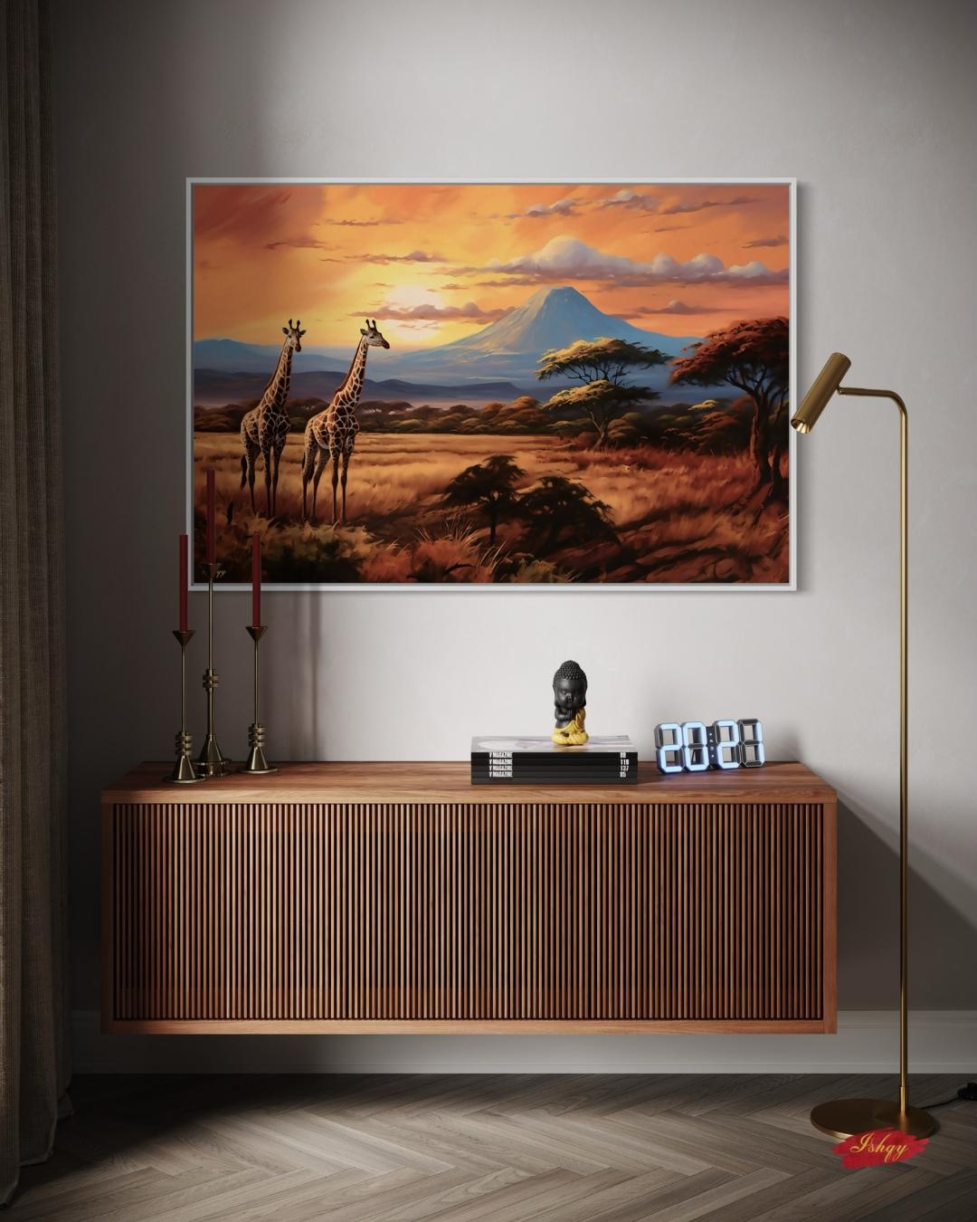 Serengeti Glow | African Safari Giraffe Wall Art | IshqyBusiness. Golden African savanna and giraffes at sunset — a canvas wall art piece that brings safari elegance to your home decor.