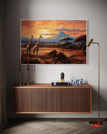 Serengeti Glow | African Safari Giraffe Wall Art | IshqyBusiness. Golden African savanna and giraffes at sunset — a canvas wall art piece that brings safari elegance to your home decor.