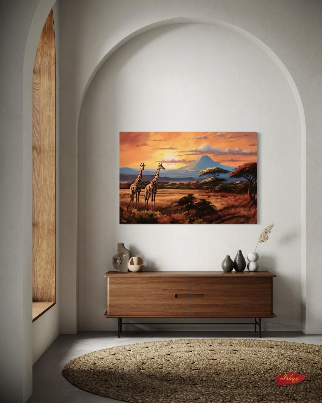 Serengeti Glow | African Safari Giraffe Wall Art | IshqyBusiness. Golden African savanna and giraffes at sunset — a canvas wall art piece that brings safari elegance to your home decor.