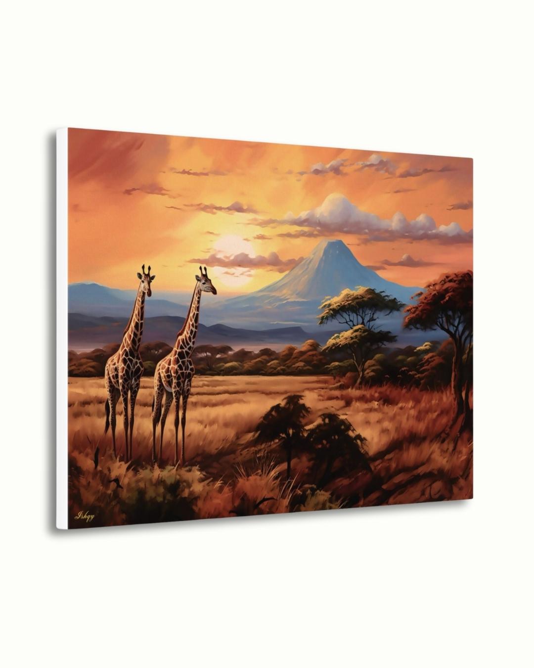 Serengeti Glow | African Safari Giraffe Wall Art | IshqyBusiness. Golden African savanna and giraffes at sunset — a canvas wall art piece that brings safari elegance to your home decor.