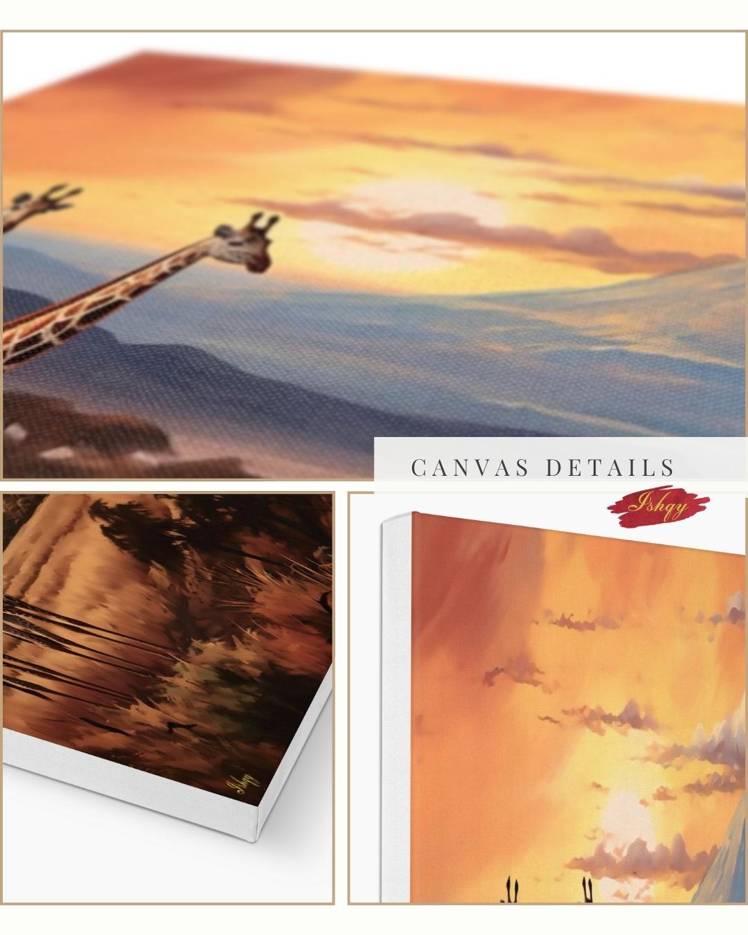 Serengeti Glow | African Safari Giraffe Wall Art | IshqyBusiness. Golden African savanna and giraffes at sunset — a canvas wall art piece that brings safari elegance to your home decor.