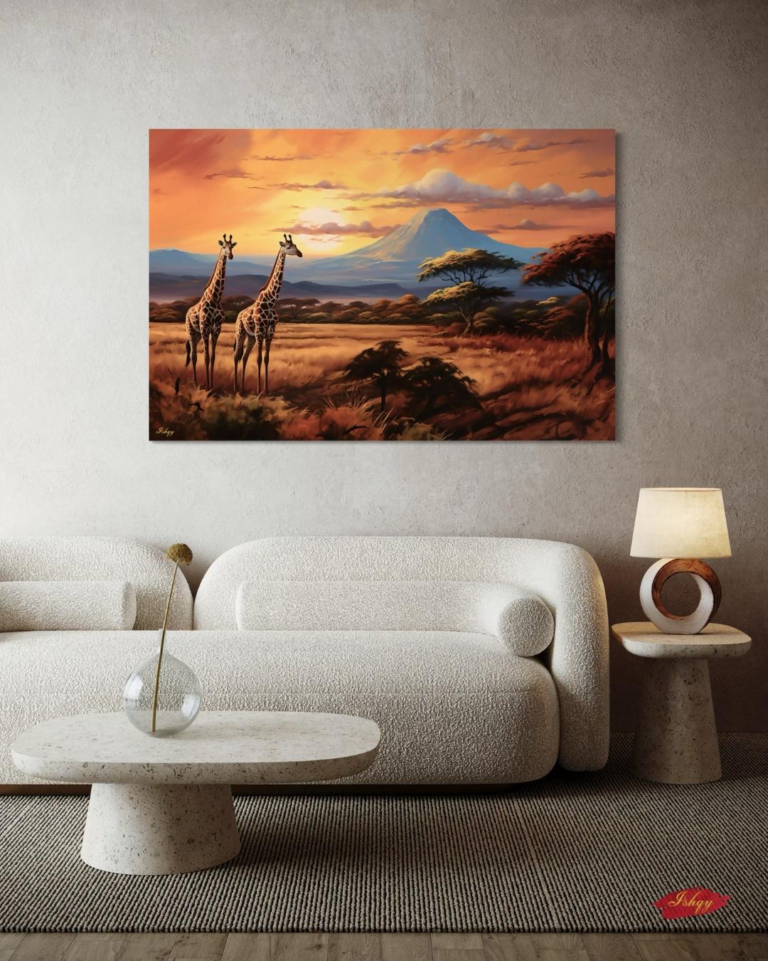 Serengeti Glow | African Safari Giraffe Wall Art | IshqyBusiness. Golden African savanna and giraffes at sunset — a canvas wall art piece that brings safari elegance to your home decor.