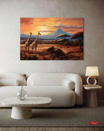 Serengeti Glow | African Safari Giraffe Wall Art | IshqyBusiness. Golden African savanna and giraffes at sunset — a canvas wall art piece that brings safari elegance to your home decor.