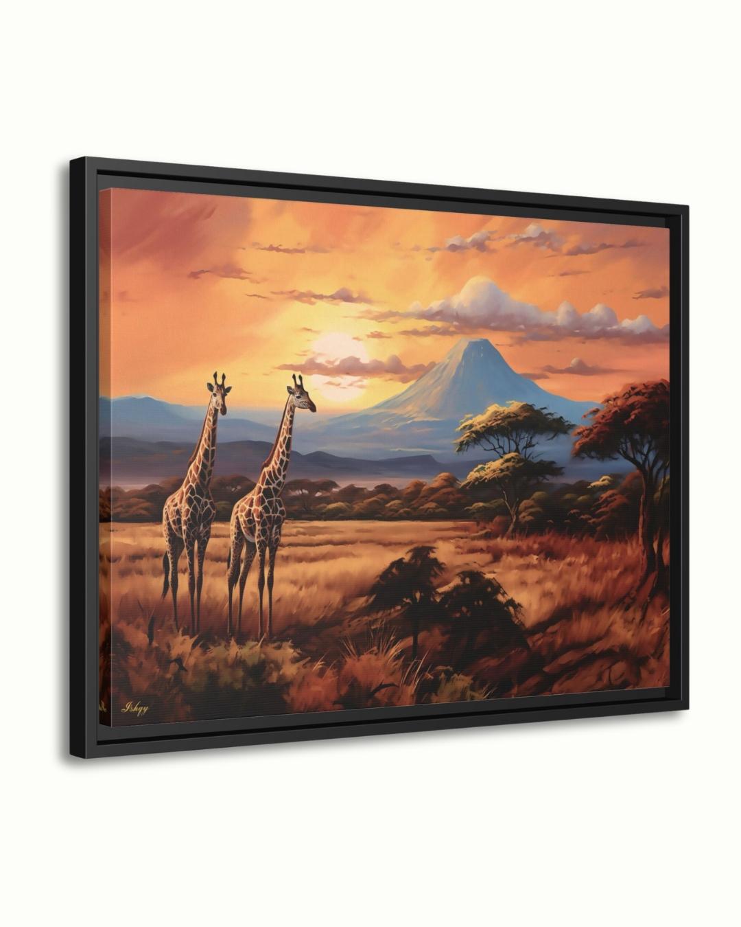 Serengeti Glow | African Safari Giraffe Wall Art | IshqyBusiness. Golden African savanna and giraffes at sunset — a canvas wall art piece that brings safari elegance to your home decor.