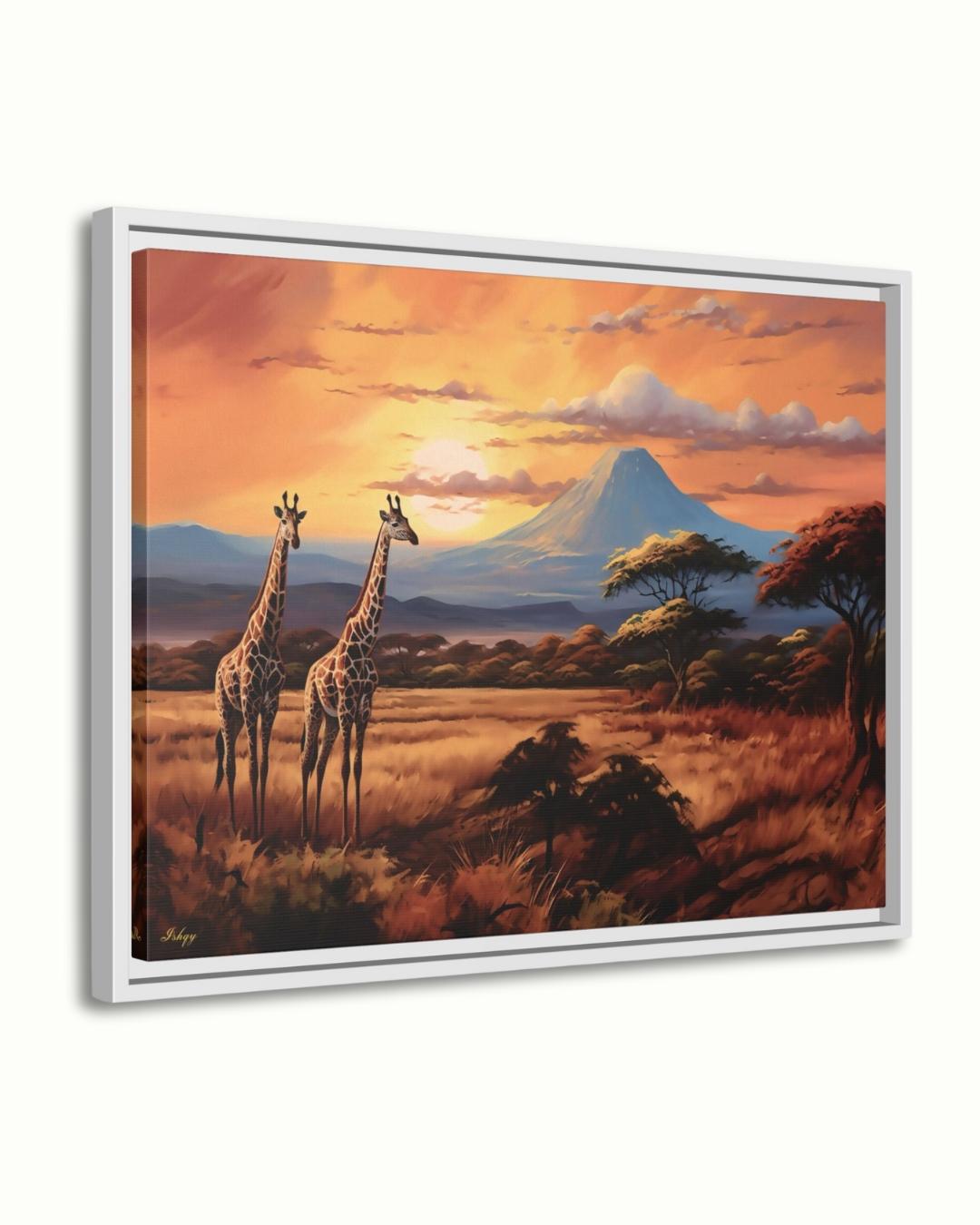 Serengeti Glow | African Safari Giraffe Wall Art | IshqyBusiness. Golden African savanna and giraffes at sunset — a canvas wall art piece that brings safari elegance to your home decor.