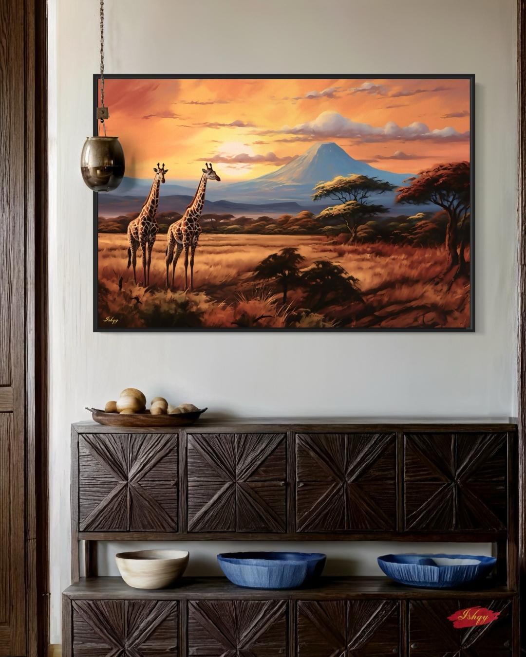 Serengeti Glow | African Safari Giraffe Wall Art | IshqyBusiness. Golden African savanna and giraffes at sunset — a canvas wall art piece that brings safari elegance to your home decor.
